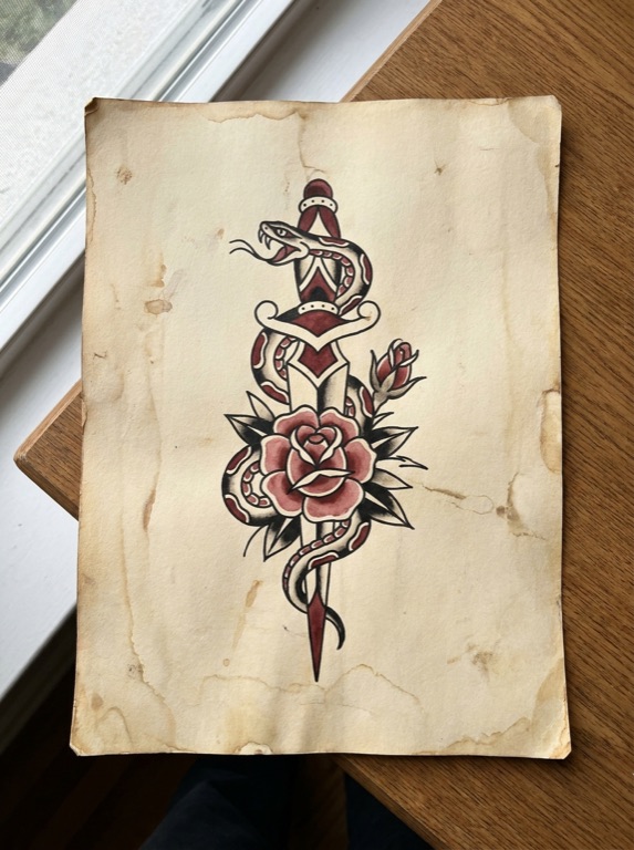Flash sheet: dagger and rose in black and red ink