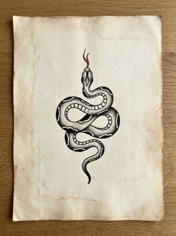 Flash sheet: coiled serpent in black ink